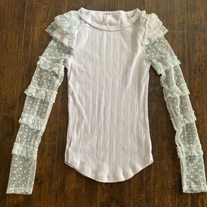 Free People Light Lilac Ribbed Top with Sheer Ruffle Sleeves